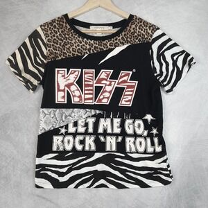 Alice + Olivia Shirt Womens Small KISS Rock N Roll Patchwork Animal Print USA